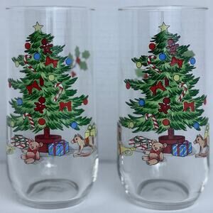 VTG LUMINARC Two CHRISTMAS TREE NOEL 16 oz 5 ⅞” Drinking Glasses Tumblers